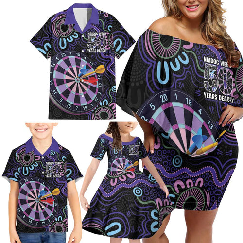 First Nations Darts NAIDOC 2026 Family Matching Off Shoulder Short Dress and Hawaiian Shirt Aboriginal Dot Art Dartboard Purple