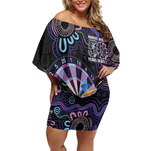 First Nations Darts NAIDOC 2026 Family Matching Off Shoulder Short Dress and Hawaiian Shirt Aboriginal Dot Art Dartboard Purple