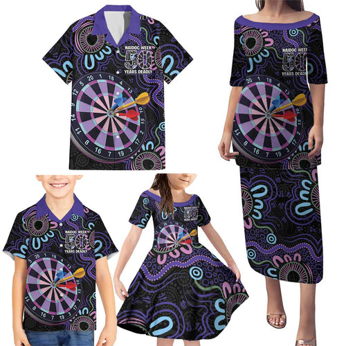 First Nations Darts NAIDOC 2026 Family Matching Puletasi and Hawaiian Shirt Aboriginal Dot Art Dartboard Purple