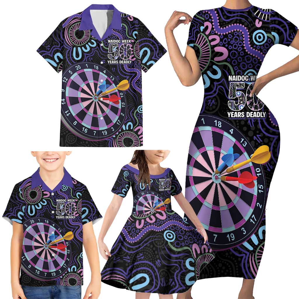 First Nations Darts NAIDOC 2026 Family Matching Short Sleeve Bodycon Dress and Hawaiian Shirt Aboriginal Dot Art Dartboard Purple