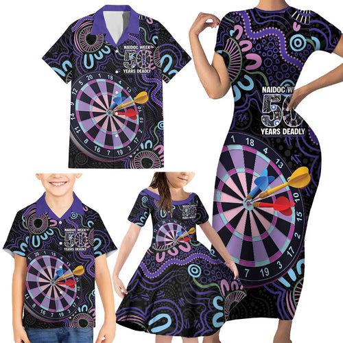 First Nations Darts NAIDOC 2026 Family Matching Short Sleeve Bodycon Dress and Hawaiian Shirt Aboriginal Dot Art Dartboard Purple