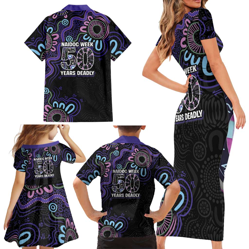 First Nations Darts NAIDOC 2026 Family Matching Short Sleeve Bodycon Dress and Hawaiian Shirt Aboriginal Dot Art Dartboard Purple