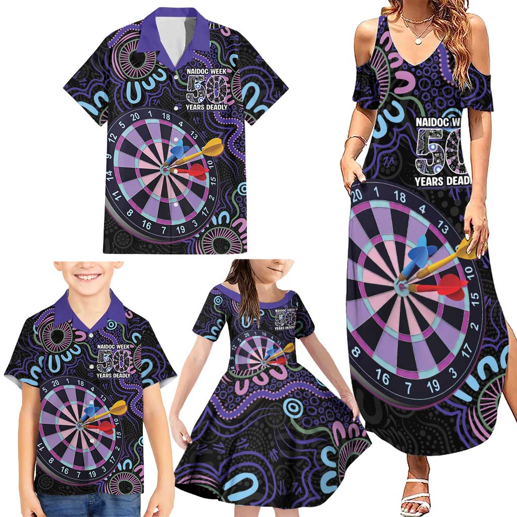 First Nations Darts NAIDOC 2026 Family Matching Summer Maxi Dress and Hawaiian Shirt Aboriginal Dot Art Dartboard Purple