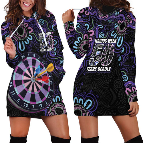 First Nations Darts NAIDOC 2026 Hoodie Dress Aboriginal Dot Art Dartboard Purple