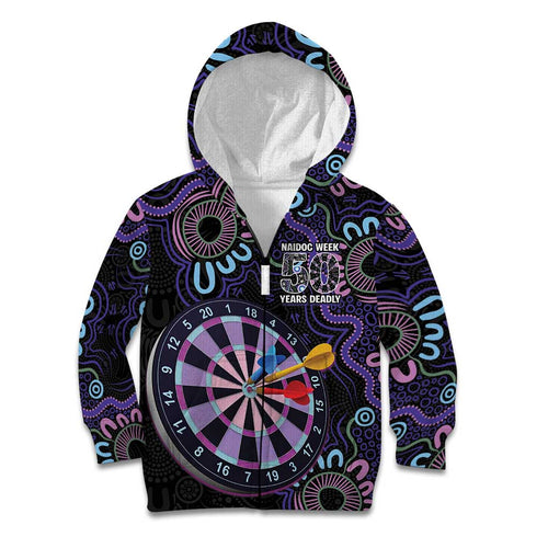 First Nations Darts NAIDOC 2026 Kid Hoodie Aboriginal Dot Art Dartboard Purple
