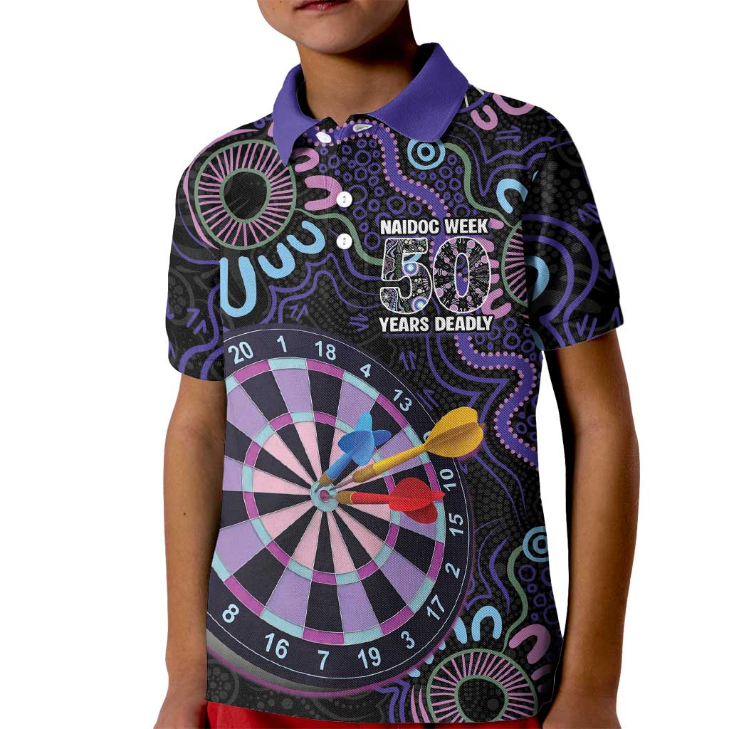 First Nations Darts NAIDOC 2026 Kid Polo Shirt Aboriginal Dot Art Dartboard Purple