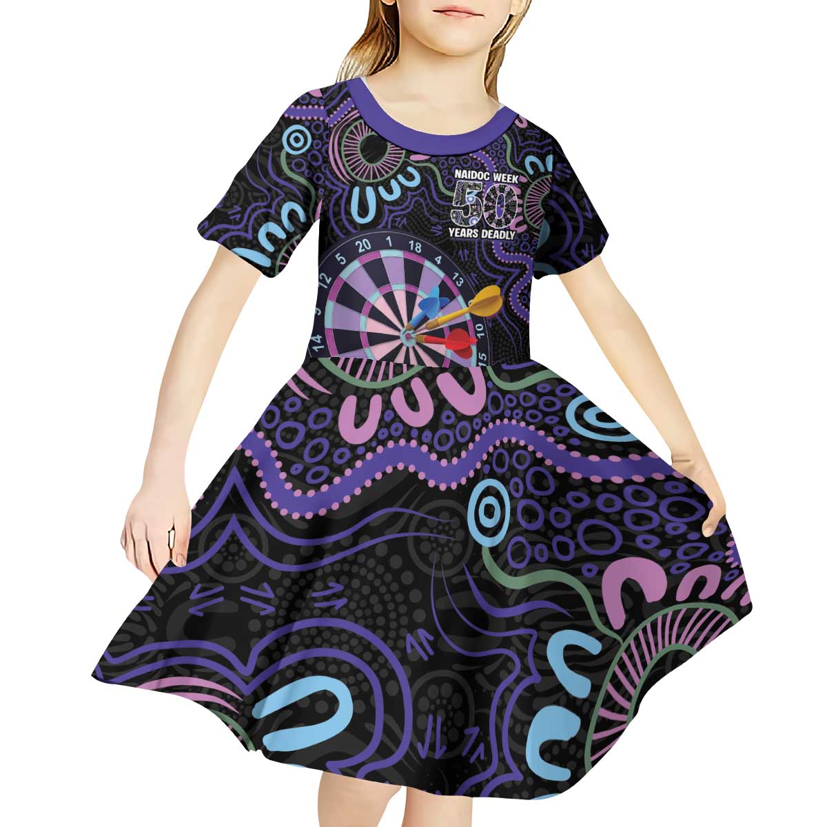 First Nations Darts NAIDOC 2026 Kid Short Sleeve Dress Aboriginal Dot Art Dartboard Purple