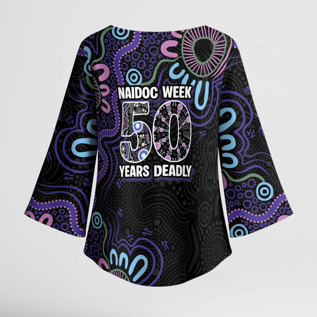 First Nations Darts NAIDOC 2026 Kimono Sleeve Blouse Aboriginal Dot Art Dartboard Purple