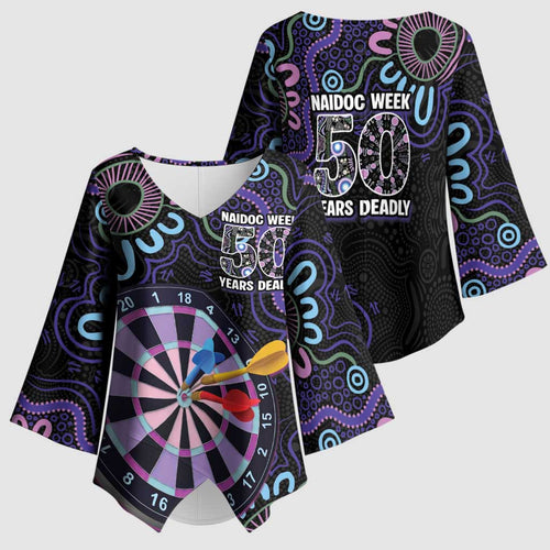 First Nations Darts NAIDOC 2026 Kimono Sleeve Blouse Aboriginal Dot Art Dartboard Purple