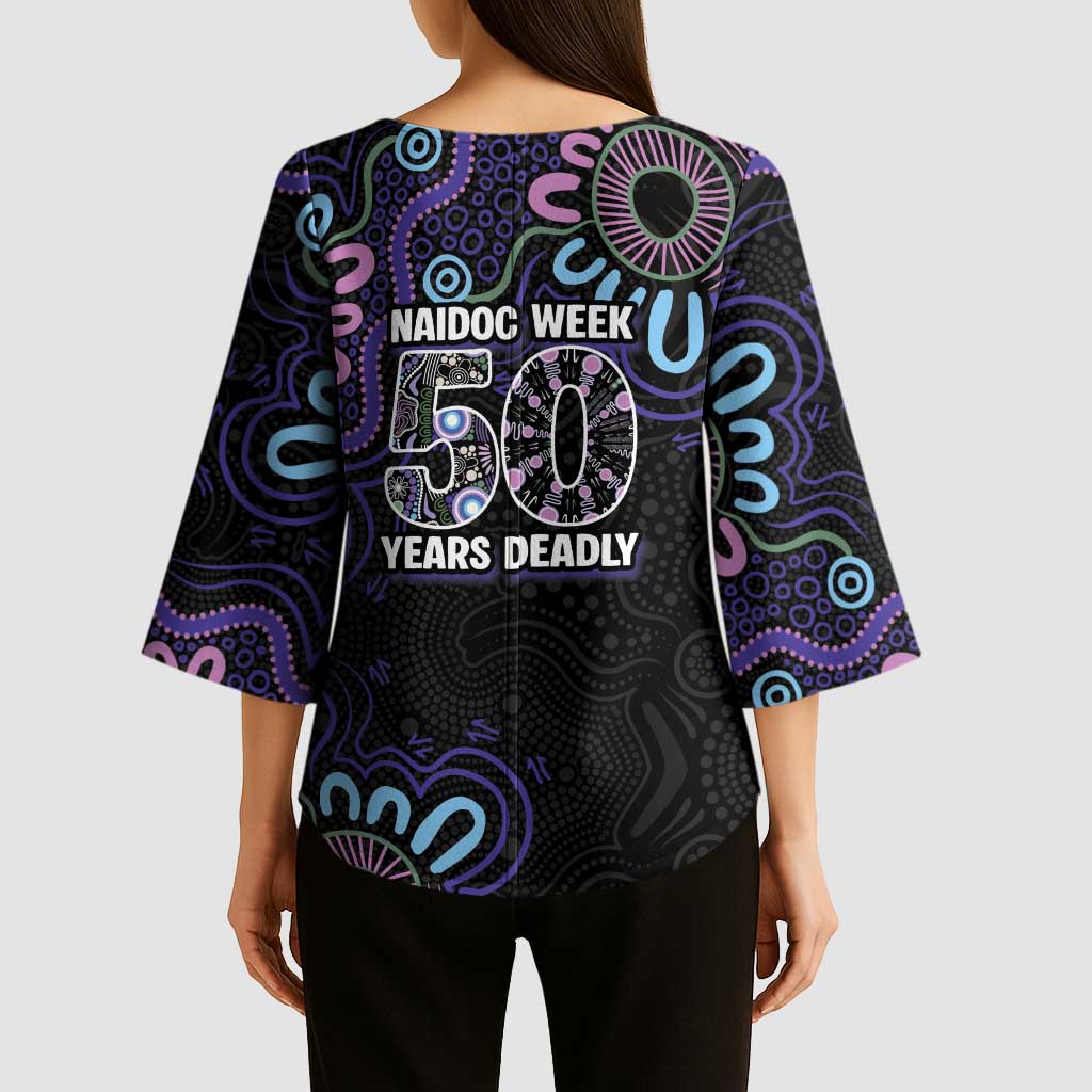 First Nations Darts NAIDOC 2026 Kimono Sleeve Blouse Aboriginal Dot Art Dartboard Purple