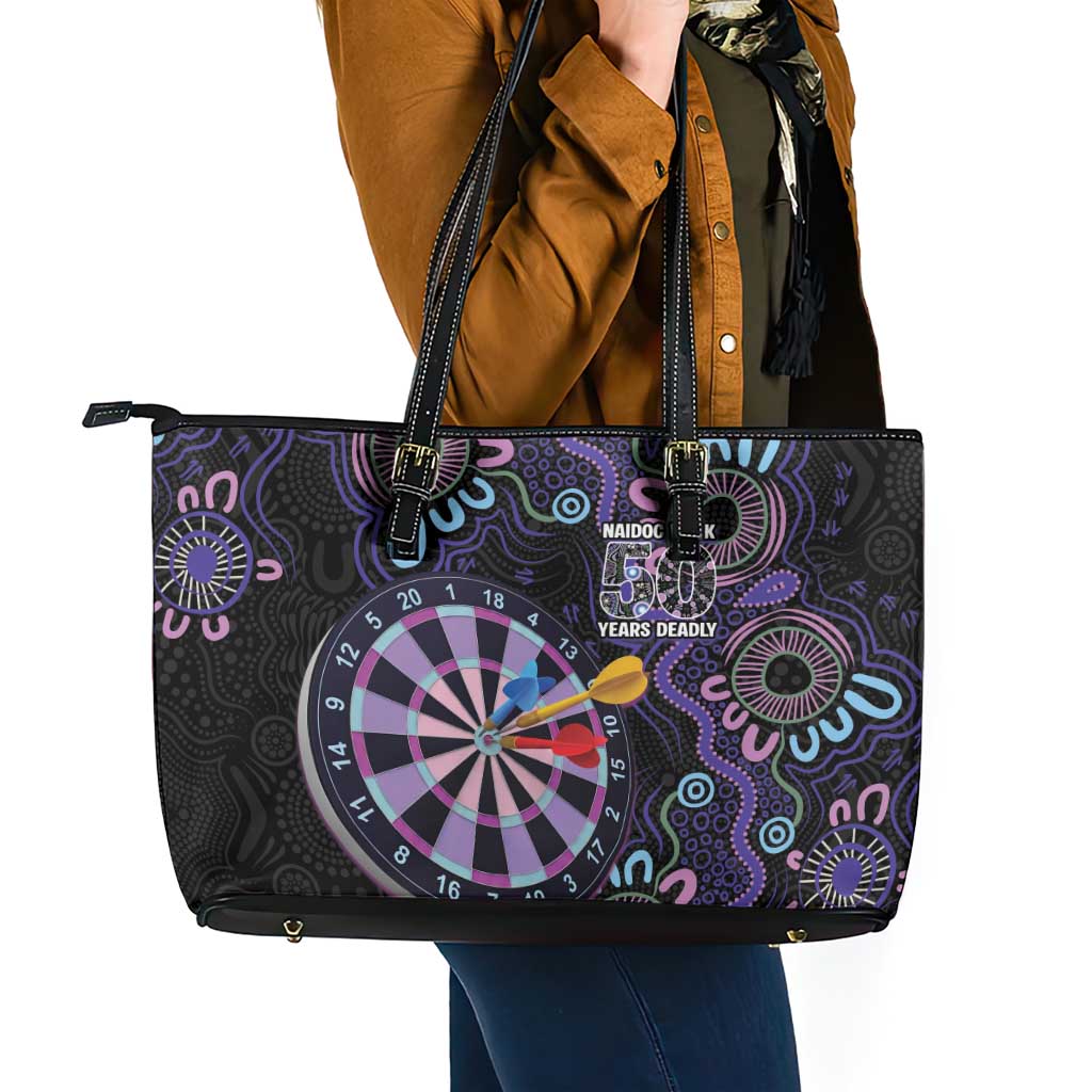 First Nations Darts NAIDOC 2026 Leather Tote Bag Aboriginal Dot Art Dartboard Purple