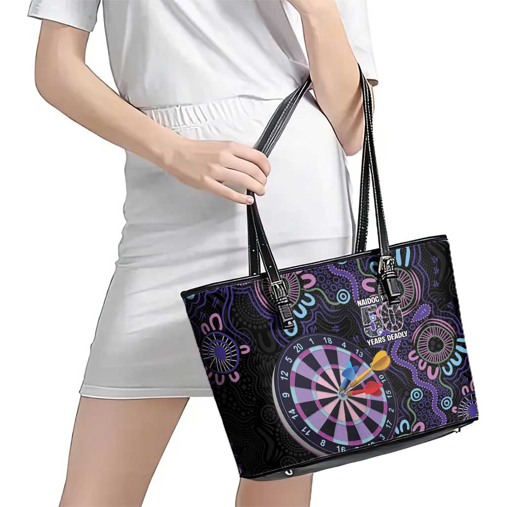 First Nations Darts NAIDOC 2026 Leather Tote Bag Aboriginal Dot Art Dartboard Purple