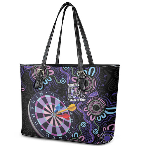 First Nations Darts NAIDOC 2026 Leather Tote Bag Aboriginal Dot Art Dartboard Purple