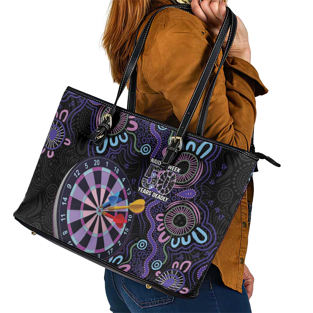 First Nations Darts NAIDOC 2026 Leather Tote Bag Aboriginal Dot Art Dartboard Purple