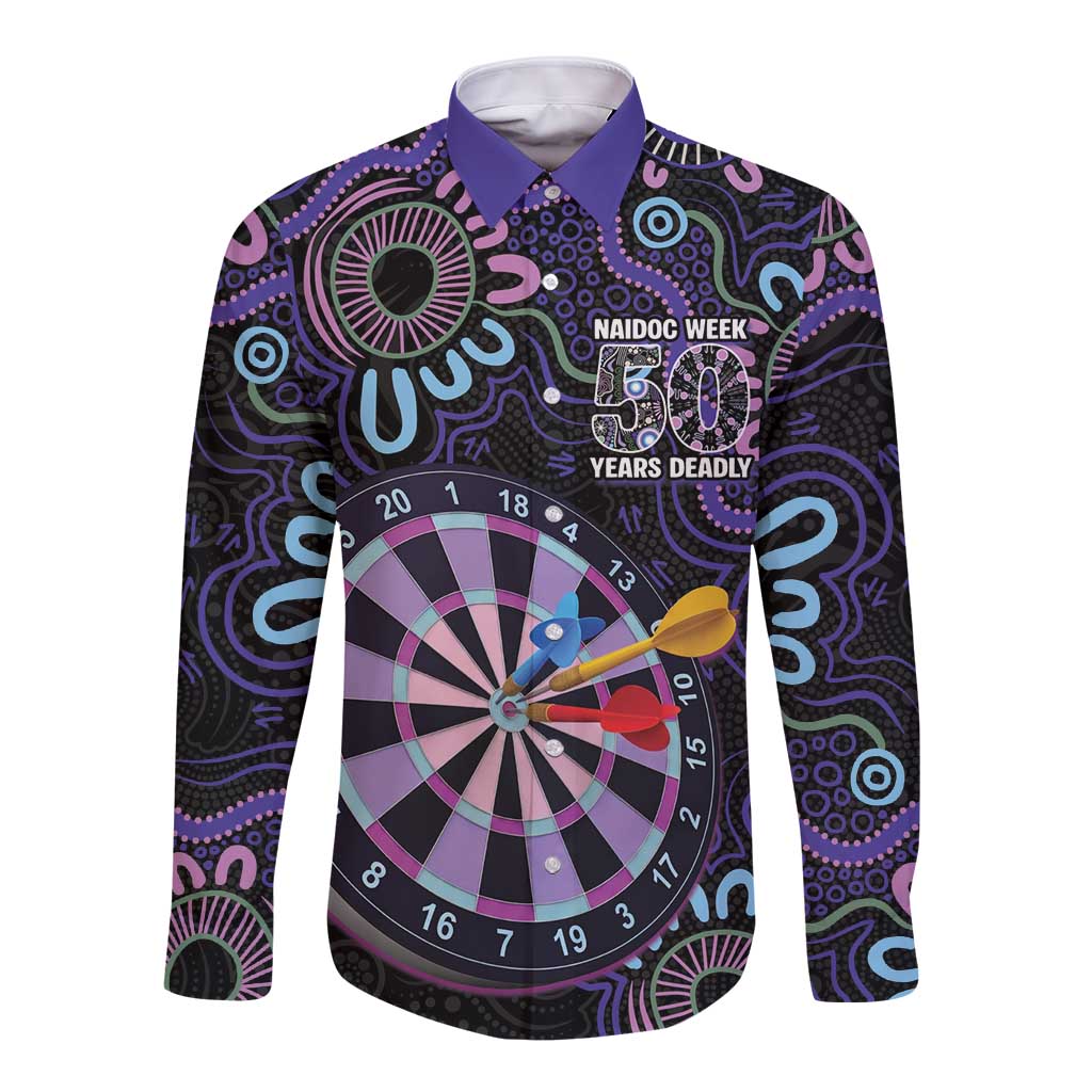 First Nations Darts NAIDOC 2026 Long Sleeve Button Shirt Aboriginal Dot Art Dartboard Purple