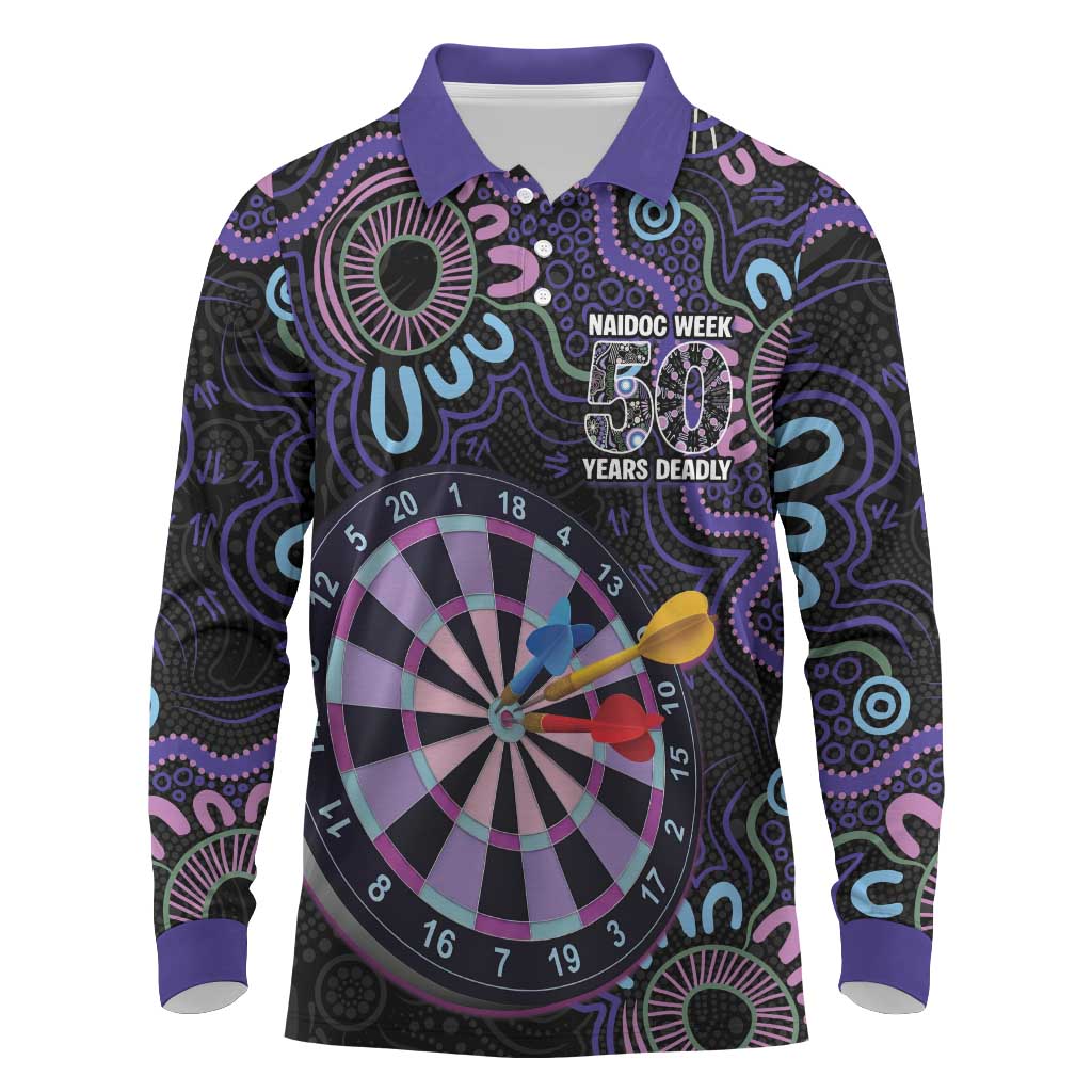 First Nations Darts NAIDOC 2026 Long Sleeve Polo Shirt Aboriginal Dot Art Dartboard Purple