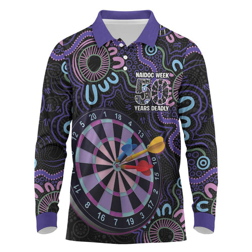 First Nations Darts NAIDOC 2026 Long Sleeve Polo Shirt Aboriginal Dot Art Dartboard Purple