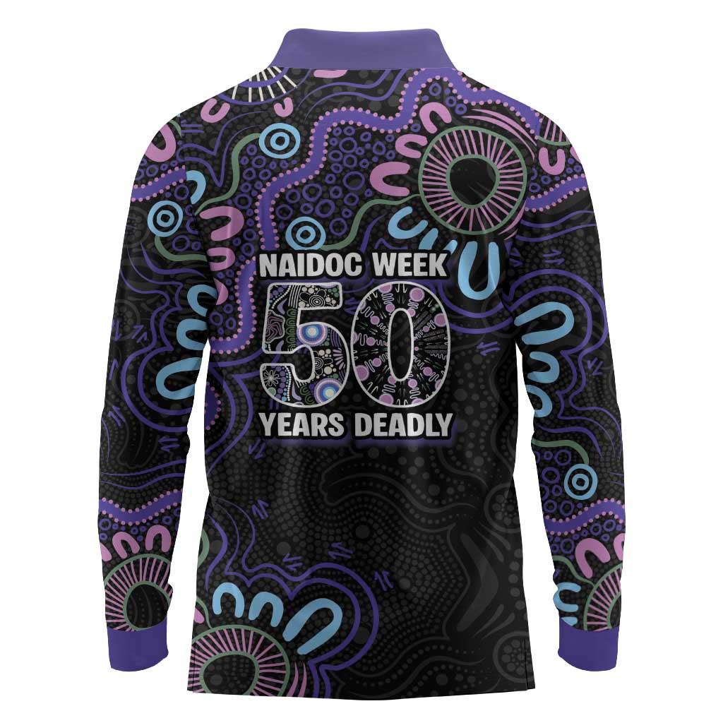 First Nations Darts NAIDOC 2026 Long Sleeve Polo Shirt Aboriginal Dot Art Dartboard Purple