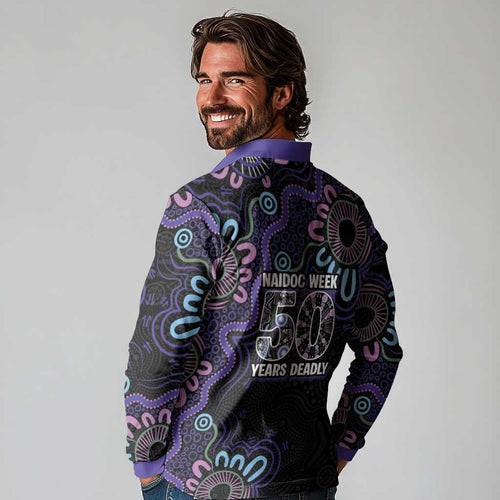First Nations Darts NAIDOC 2026 Long Sleeve Polo Shirt Aboriginal Dot Art Dartboard Purple