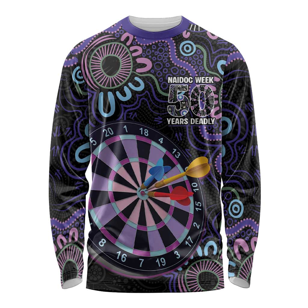 First Nations Darts NAIDOC 2026 Long Sleeve Shirt Aboriginal Dot Art Dartboard Purple