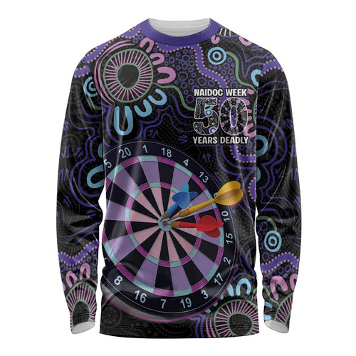 First Nations Darts NAIDOC 2026 Long Sleeve Shirt Aboriginal Dot Art Dartboard Purple