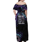 First Nations Darts NAIDOC 2026 Off Shoulder Maxi Dress Aboriginal Dot Art Dartboard Purple