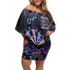 First Nations Darts NAIDOC 2026 Off Shoulder Short Dress Aboriginal Dot Art Dartboard Purple