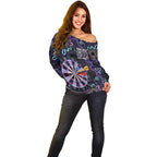 First Nations Darts NAIDOC 2026 Off Shoulder Sweater Aboriginal Dot Art Dartboard Purple