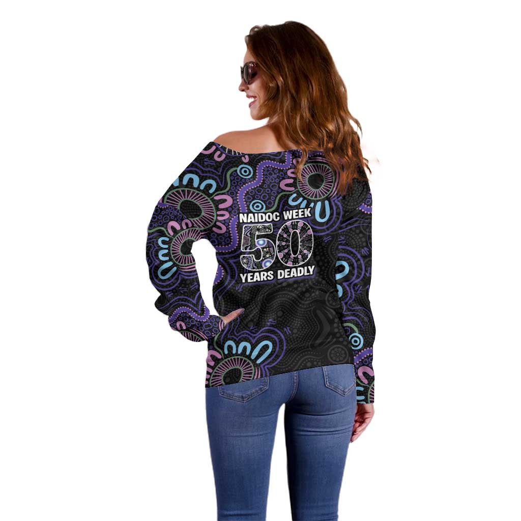 First Nations Darts NAIDOC 2026 Off Shoulder Sweater Aboriginal Dot Art Dartboard Purple