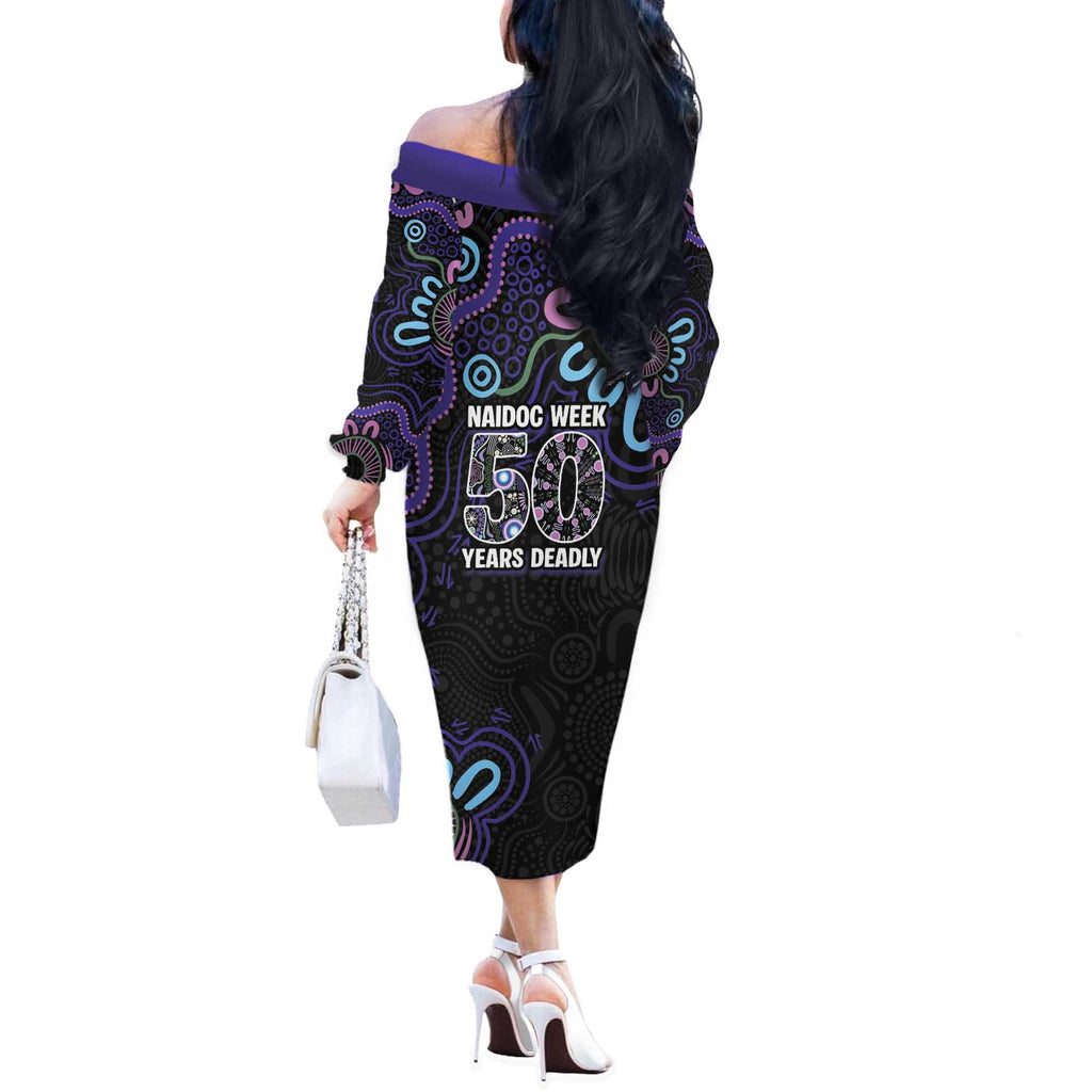 First Nations Darts NAIDOC 2026 Off The Shoulder Long Sleeve Dress Aboriginal Dot Art Dartboard Purple