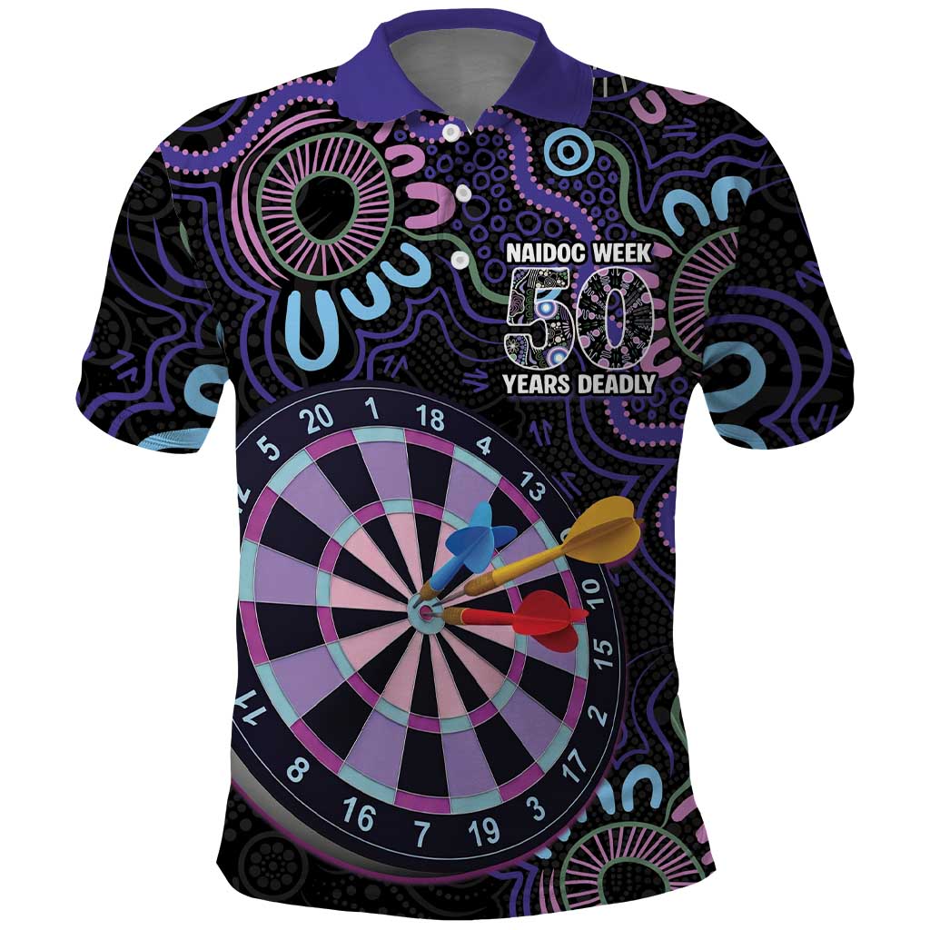 First Nations Darts NAIDOC 2026 Polo Shirt Aboriginal Dot Art Dartboard Purple