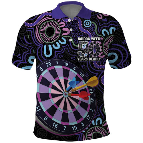 First Nations Darts NAIDOC 2026 Polo Shirt Aboriginal Dot Art Dartboard Purple