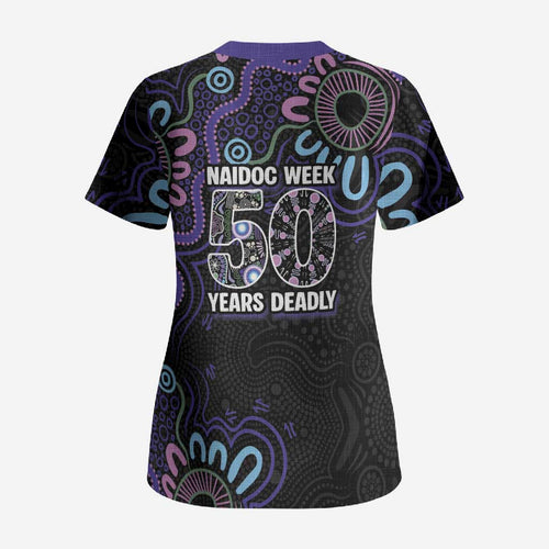 First Nations Darts NAIDOC 2026 Scrub Top Aboriginal Dot Art Dartboard Purple