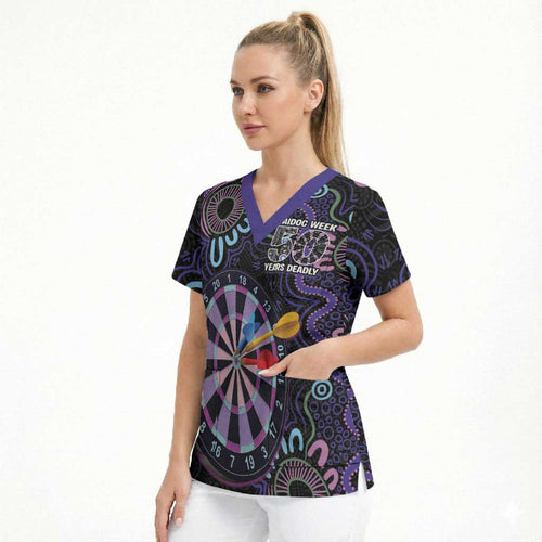 First Nations Darts NAIDOC 2026 Scrub Top Aboriginal Dot Art Dartboard Purple