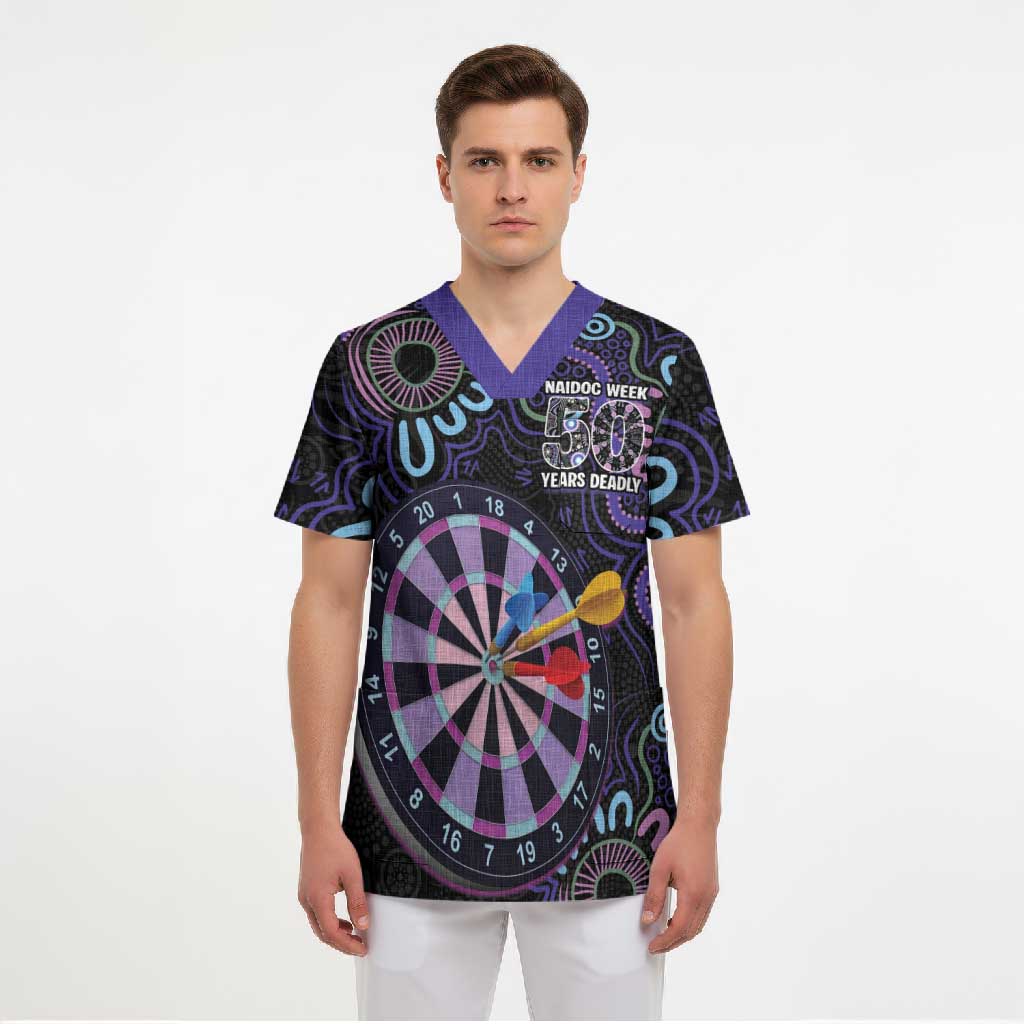 First Nations Darts NAIDOC 2026 Scrub Top Aboriginal Dot Art Dartboard Purple