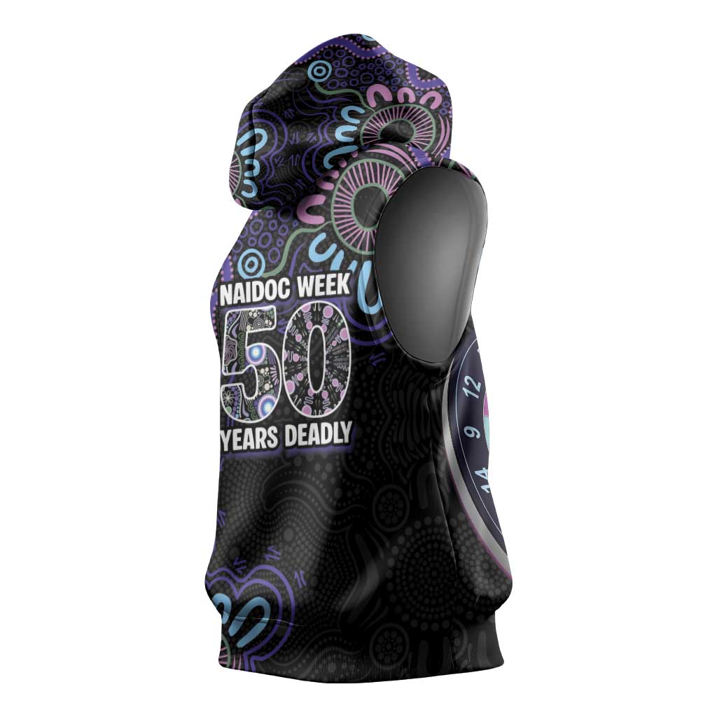 First Nations Darts NAIDOC 2026 Sleeveless Hoodie Aboriginal Dot Art Dartboard Purple