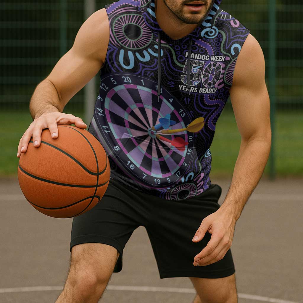 First Nations Darts NAIDOC 2026 Sleeveless Hoodie Aboriginal Dot Art Dartboard Purple