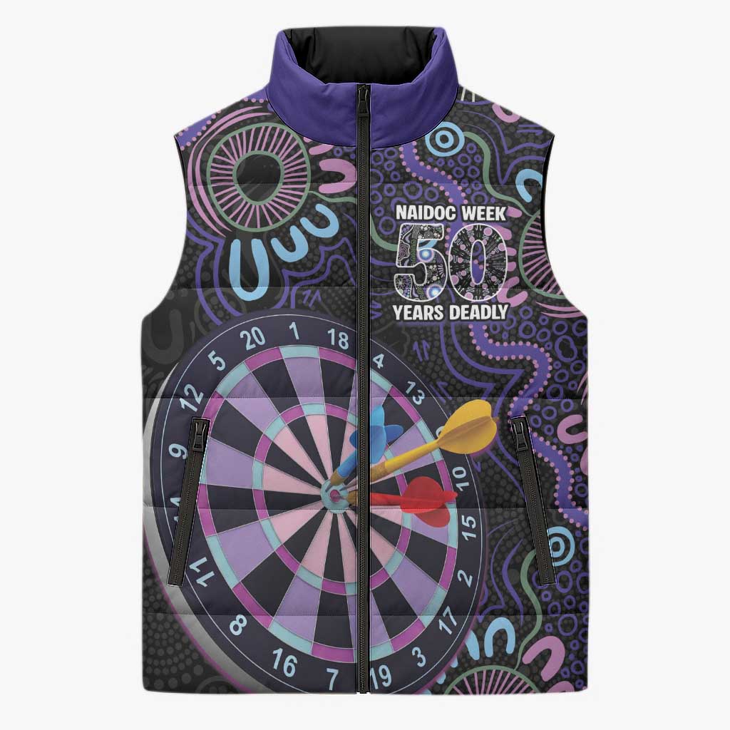First Nations Darts NAIDOC 2026 Sleeveless Puffer Jacket Aboriginal Dot Art Dartboard Purple