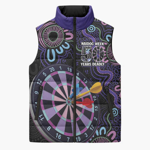 First Nations Darts NAIDOC 2026 Sleeveless Puffer Jacket Aboriginal Dot Art Dartboard Purple