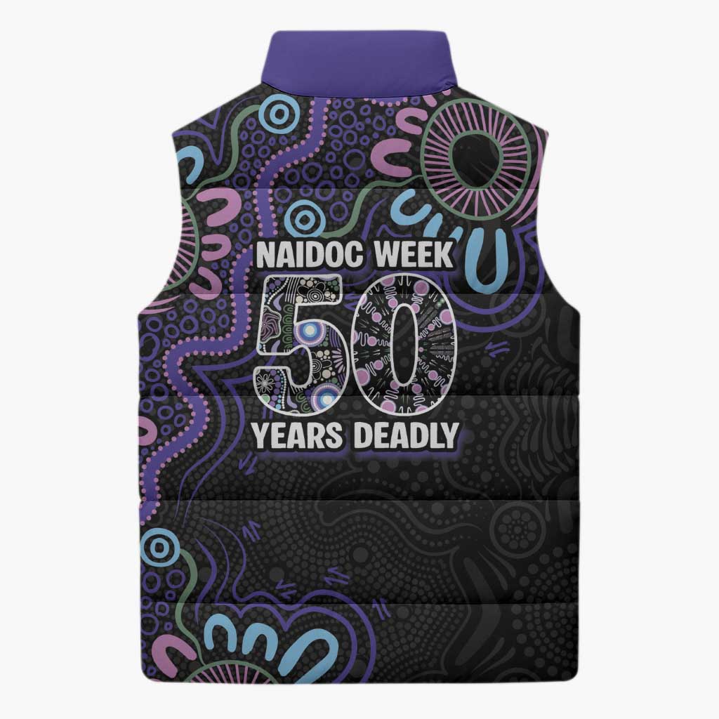 First Nations Darts NAIDOC 2026 Sleeveless Puffer Jacket Aboriginal Dot Art Dartboard Purple