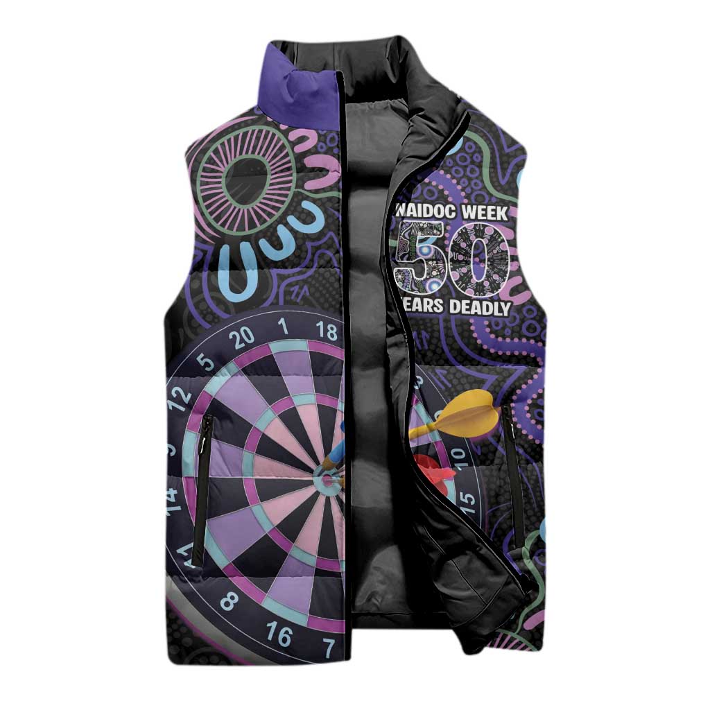 First Nations Darts NAIDOC 2026 Sleeveless Puffer Jacket Aboriginal Dot Art Dartboard Purple