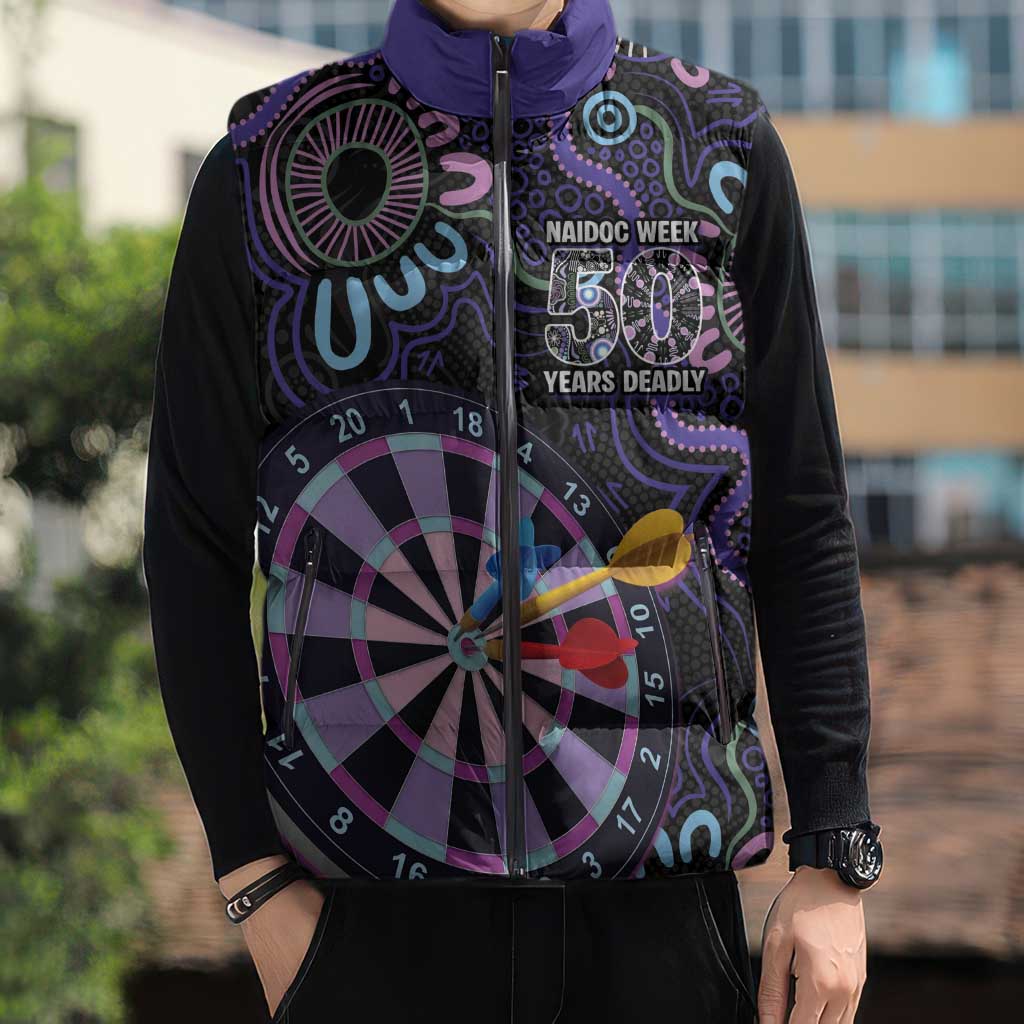 First Nations Darts NAIDOC 2026 Sleeveless Puffer Jacket Aboriginal Dot Art Dartboard Purple
