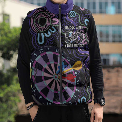 First Nations Darts NAIDOC 2026 Sleeveless Puffer Jacket Aboriginal Dot Art Dartboard Purple