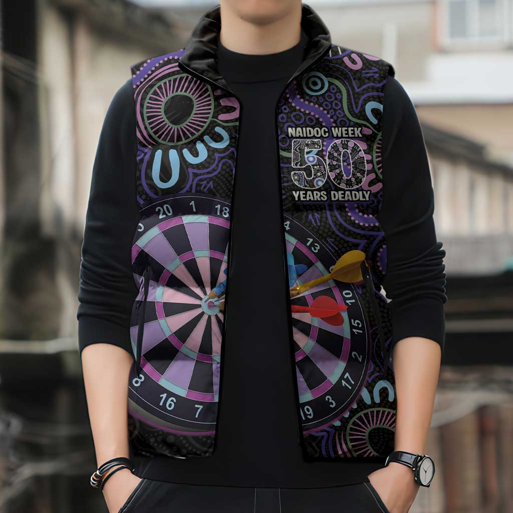 First Nations Darts NAIDOC 2026 Sleeveless Puffer Jacket Aboriginal Dot Art Dartboard Purple
