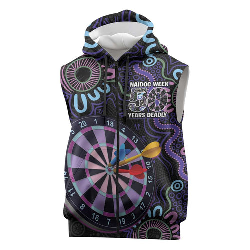 First Nations Darts NAIDOC 2026 Sleeveless Zip Hoodie Aboriginal Dot Art Dartboard Purple