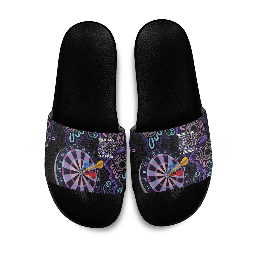 First Nations Darts NAIDOC 2026 Slide Sandals Aboriginal Dot Art Dartboard Purple