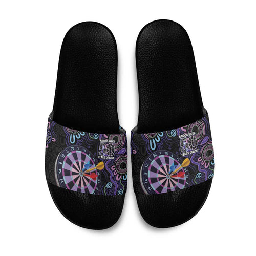 First Nations Darts NAIDOC 2026 Slide Sandals Aboriginal Dot Art Dartboard Purple