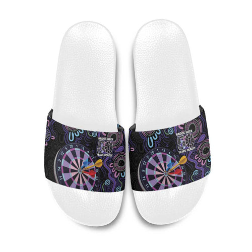 First Nations Darts NAIDOC 2026 Slide Sandals Aboriginal Dot Art Dartboard Purple