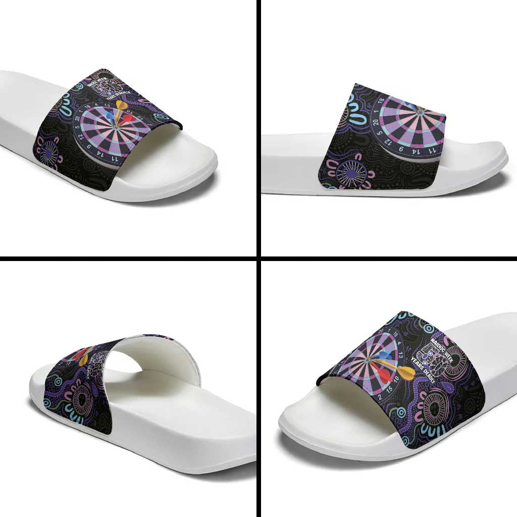 First Nations Darts NAIDOC 2026 Slide Sandals Aboriginal Dot Art Dartboard Purple