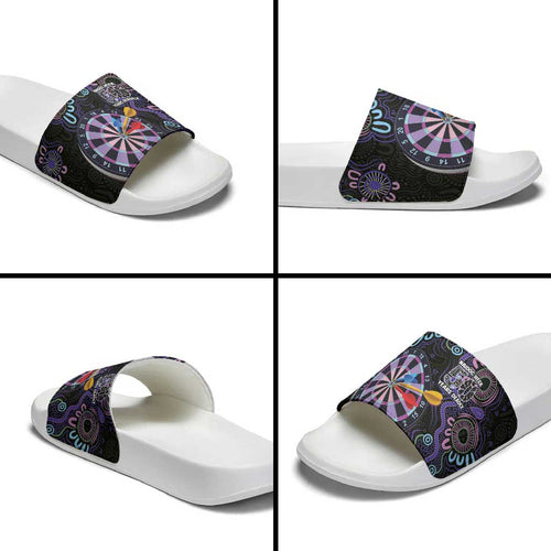 First Nations Darts NAIDOC 2026 Slide Sandals Aboriginal Dot Art Dartboard Purple